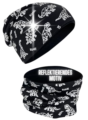 HECKBO Dinosaurier Kinder Mütze & Loopschal – 360° Reflektor...