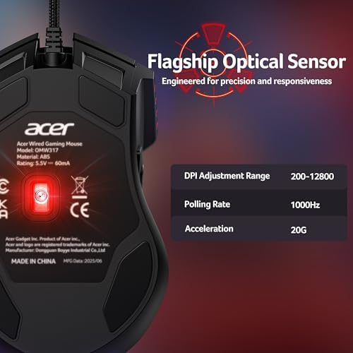 Acer Wired Gaming Mouse, 12800 DPI Computer Mouse with High Optical Sensor