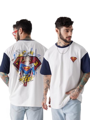 Image of The Souled Store Official Superman: The Man of Steel Men and Boys Oversized fit Graphic Printed Half Sleeve Cotton Multicolored Men Oversized T-Shirts