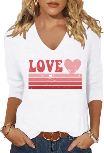 Image of Woffccrd Womens 3 /4 Sleeve V Neck T-Shirts Valentina's Day Spring Shirts Love Heart Printed Graphic Tees