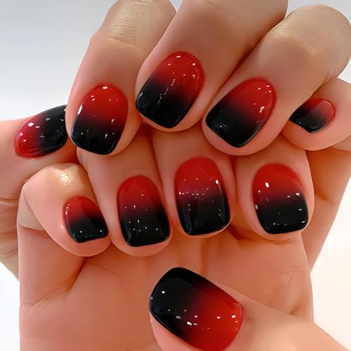 Short Square Press on Nails Gradient Fake Nails Glossy Full Cover Nails Press Ons Black Red Gradient Glue on Nail DIY Acrylic False Nails Reusable Stick on Nail for Women Decorations Set 24Pcs