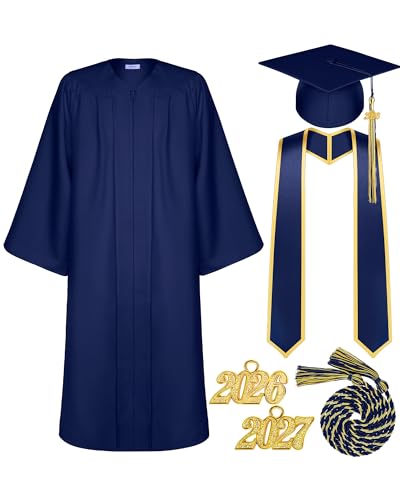 Tigeen Adult Graduation Gown and Cap with Tassel 2026 Charms Cord and Stole(51 Navy Blue)