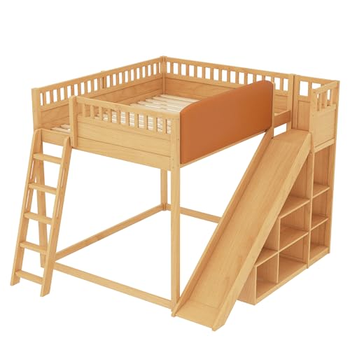 Image of Bellemave Bunk beds Queen Over Queen with Slide and Stair and upholstered headboard, Low bunk /loft Bed for Kids，Natural