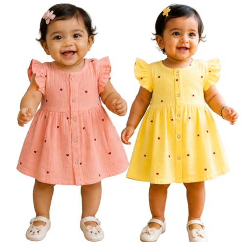 Image of Lilimi Toddler Baby Girl Cotton Muslin Dress, Breathable Flutter Sleeve Button-Front Cute Frocks