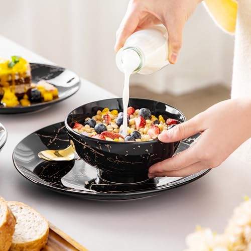 LOVECASA Tafelservice porzellan, Serie Daphne, SWEET 24-teiliges Kombiservice Set, Ess Geschirrset mit Goldspritzer Design, Speiseteller, Dessertteller, Müslischalen und Suppenteller für 6 Personen