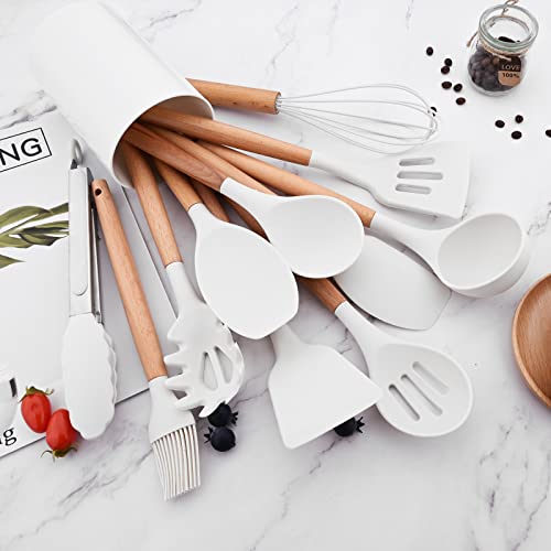 BRIIEC 12pcs Wooden Handle Silicone Kitchen Utensils Set, Non-Stick Silicone Cooking Utensils, White Spatula Set, Turner Spoon, Brush Whisk, Gadgets Tools for Cookware Baking