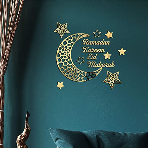 Febud Ramadan Kareem Wall Decoration, Eid Acrylic Gold Moon Stars & Letters Self-Adhesive Stickers, Islamic Eid Mubarak Ramadan Holiday Party Decor #TOP2