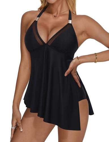 RXRXCOCO Mesh Halter Tankini Swimsuits for Women Tummy Control Swimsuit Asymmetrical Flowy High Waisted Bathing Suits3
