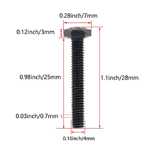 Image of Aicosineg M4 x 25mm Carbon Steel Grade 8.8 External Hex Head Screw Bolts Metric Thread Hexagon Bolts Fastener, 28 x 7 x 7mm (Lx W x H) for Hardware Furniture Machinery Black 100pcs