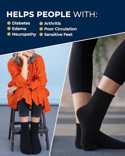 Image of Pembrook Frill Knit Diabetic Socks for Women & Men with Bamboo Viscose - 6 Pairs Non Binding Wide Neuropathy Socks for Women