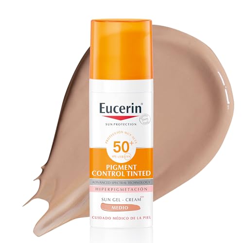 Eucerin Sun Pigment Control FPS 50+ con color tono medio (50 ml), crema facial solar FPS 50+ con filtros UVA/UVB, protección solar antimanchas, crema de sol con color para todo tipo de pieles