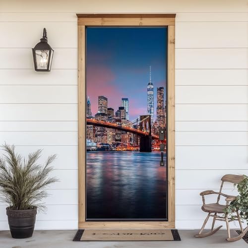 Stickers Porte New York Poster Porte Trompe L'oeil, Effect 3D Vue Nocturne de New York Autocollant, Auto-Adhésif Papier Peint Mural Chambre Salon Mur...
