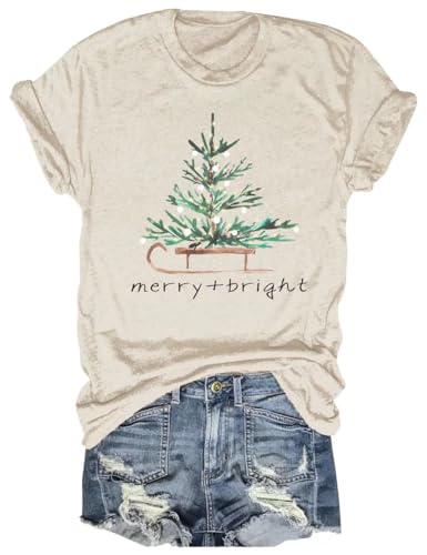 Women's Merry and Bright Christmas Tree T-Shirt Casual Winter Xmas Round Neck Family Party Tees Tops（030-Beige,M）