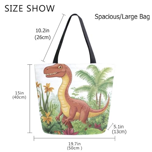 Cartoon Dinosaur Plants Extra Large Canvas Gym Shoulder Tote,Durable Reusable Daily Top Handle Bag for Mens Womens Yoga Weekender Picnic Beach Travel Market Shopping4