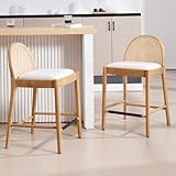 LukeAlon Modern Linen Counter Stools Set of 2, 26' Seat Height Low Bar Stools with Wooden Legs Natural Rattan Cane Back Counter Height Bar Chairs with Footrest for Home Pub Kitchen, Beige