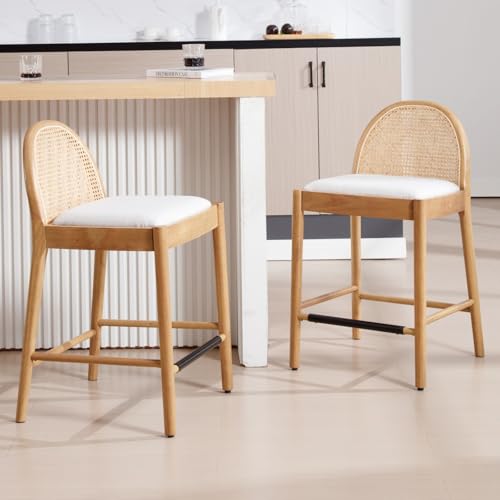 LukeAlon Moderno juego de 2 taburetes de lino de 26 pulgadas de altura del asiento con patas de madera, bastón de ratán natural, sillas de bar con reposapiés para el hogar, pub, cocina, beige