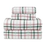 Lodge & Linen Flannel Sheets Queen Size Rich Cotton -High GSM Flannel Bed Sheet Deep Pockets - Warm & Cozy Flannel Sheet Set for All Seasons (Plaid Green/Red)