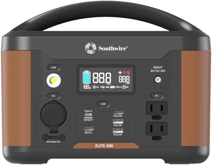 Southwire Elite 500 Series, 515Wh Backup Lithium Battery, 120V/500W Pure Sine Wave AC Outlet, Solar Generator (Solar Panel Not Included) for Home Backup Power, Emergency Power, Camping and more