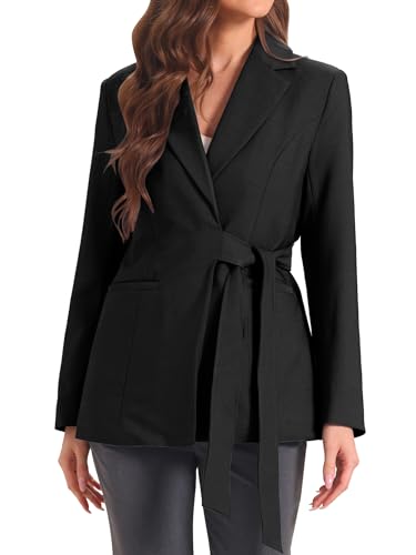 Allegra K Casual Belted Blazer for Women's Lapel Long Sleeve Work Office Wrap Blazer Jackets
