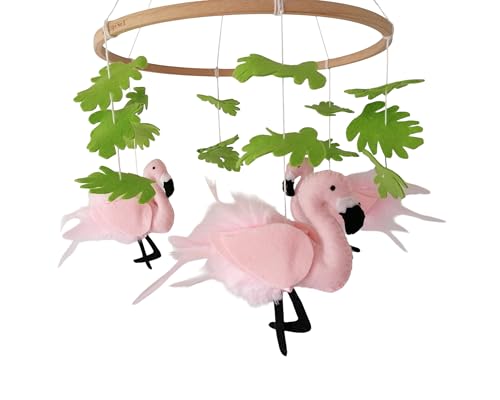 Image of Handmade Flamingo Baby Mobile Pink with Tropical Monstera Leaves and Birds for Nursery, Baby Girl Bedroom, Crib, Cot, Newborn Present