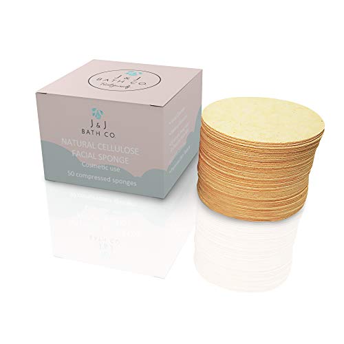 Facial Sponges (50-Count) JJBATHCO | Made in USA | Natural Facial Makeup Remover, Pore Exfoliator | Spa, Professional, Reusable, Biodegradable | Compressed Cellulose Sponges | Free E Book Included