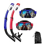DIPUKI Snorkeling Gear for Adults Snorkel mask Set Scuba Diving mask Dry Snorkel Swimming Glasses Swim Dive mask Nose Cover Youth Free Diving (Red+Blue（2 Pack）)