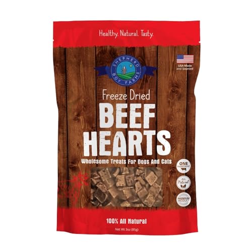 Shepherd Boy Farms Freeze Dried Dog and Cat Treats, Beef Heart, All Natural Single Ingredient Freeze-Dried Dog Treat & Snacks, Made in USA, High Protein, Essential Nutrition of Raw Food, 3oz