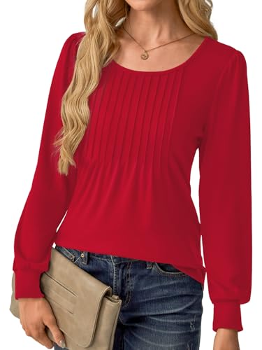 Women Long Sleeve Shirts Fall Tops Dressy Pleated Scooped Neck Tunic Tops for Leggings S-3XL2