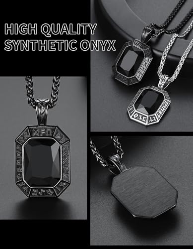 Image of ChainsHouse Viking Rune Pendant Necklace for Men Women, Punk Biker Black Metal /316L Stainless Steel Onyx Norse Vintage Amulet Necklaces with Black /Red /Green /Blue Gemstone, Send Gift Box