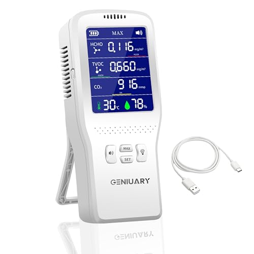 Image of Air Quality Monitor 6-in-1 Indoor Pollution Meter - TVOC, HCHO (Formaldehyde), CO₂, Temperature & Humidity Detector - Smart IAQ Alarm, Type-C Charging, 2000mAh Battery - Calibrated for Indian Air