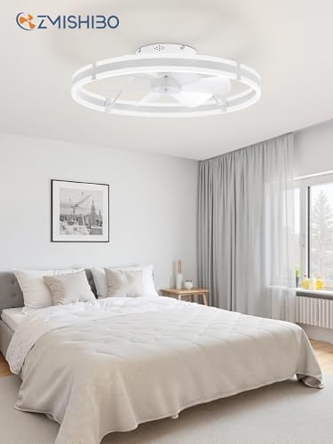 Image of ZMISHIBO 24 Inch Ceiling Fans with Lights and Remote, Modern Low Profile Ceiling Fan, 3000-6000K Dimmable Flush Mount LED Fan Light, 6 Wind Speeds, Fandelier Ceiling Fans for Bedroom- White