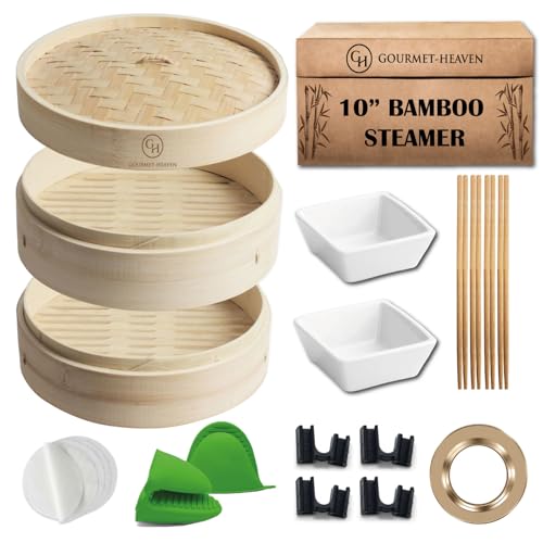 Gourmet-Heaven Kit de panier vapeur en bambou, 2 étages - 25,4 cm - Rond - Cuiseur vapeur en bambou pour la cuisson des boulettes, Momo, Bao Buns, aliments asiatiques et chinois