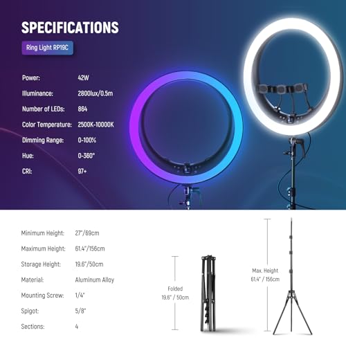 NEEWER 19" RGB LED Ring Light with Stand, 3 Phone Holders, Touch Panel, 2.4G/App Control, 42W CRI97+ 2800lux/0.5m 360° Hue Dimmable Professional Lighting for Makeup Live Streaming Zoom Calls, RP19C - image 8