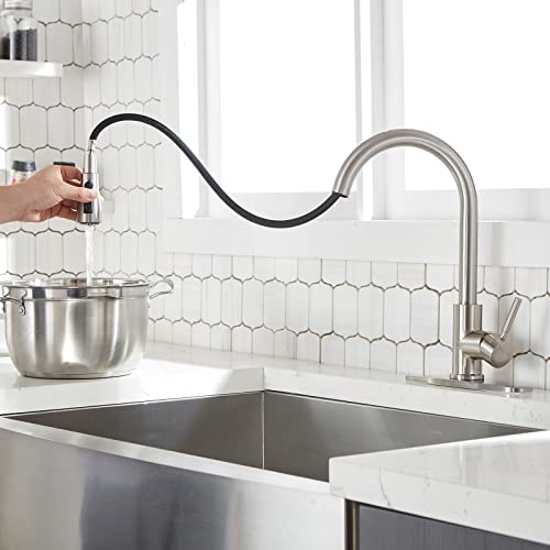 Vapsint High Arc Single Handle Brushed Nickel Kitchen Faucet With Pull Down Sprayer,Commercial Modern Stainless Steel Kitchen Sink Faucet,Deck Mount Single Hole Pull Out Faucet For Kitchen Sink #TOP3