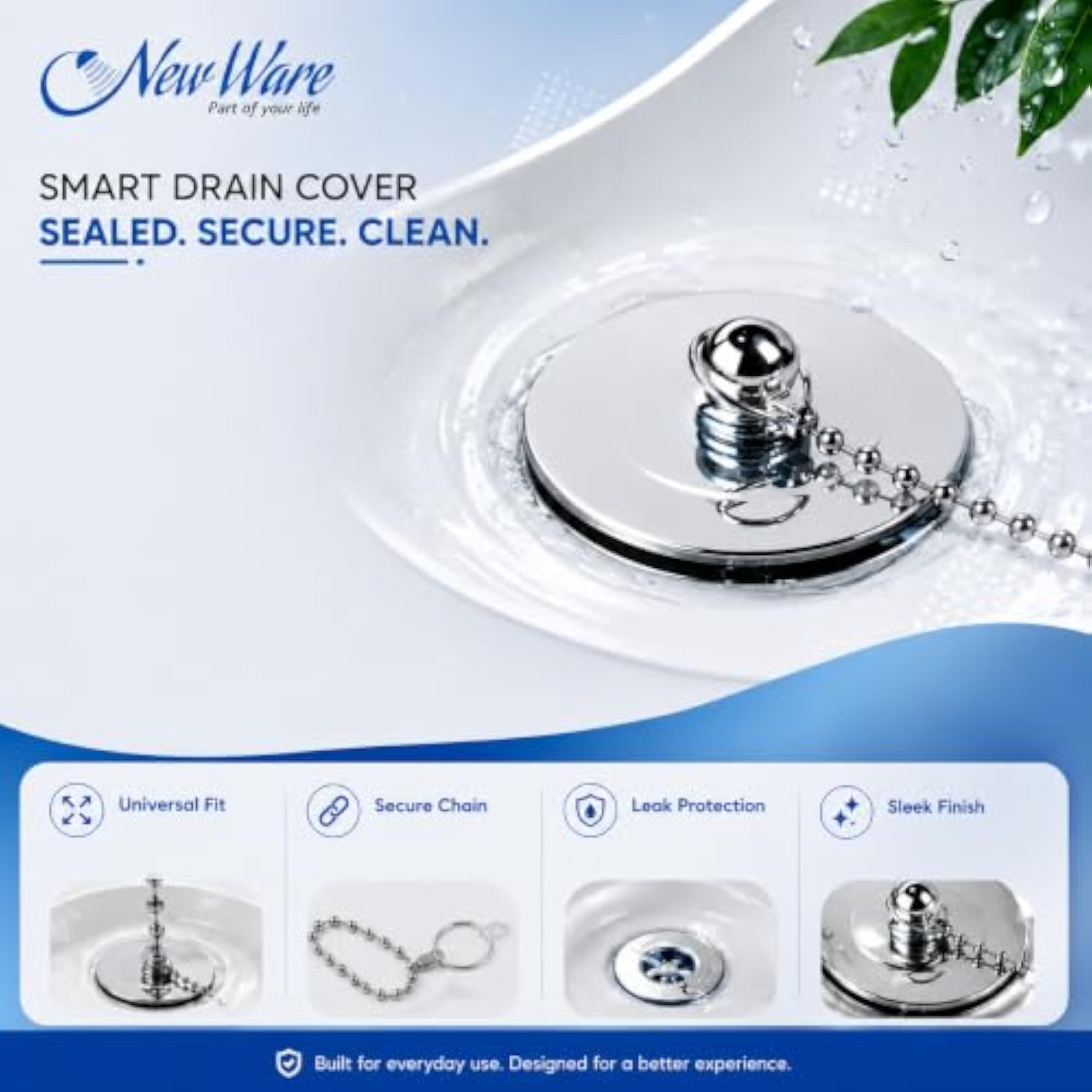 Bath Tub Chain Drain Stopper, Universal Fit