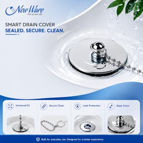 Image of NEW WARE 40mm Bath Tub Chain Drain Stopper | Bathroom Sink Basin Rubber Stopper with Metal Chain | Universal Fit Water Drain Cover for Wash Basin Bathtub Kitchen Sink Black Color Home Use Pack