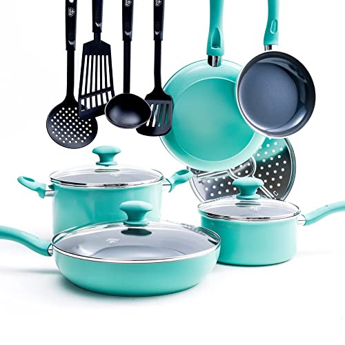 SYGZMY Juego de Utensilios de Cocina antiadherentes de cerámica Diamond de 13 Piezas, Turquesa