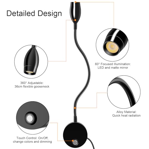 Image of ERAY 1 Pack Plug-in LED Wall Mounted Bedside Reading Light for Bed | Touch Control, 3 Dimmable, 360Flexible Gooseneck Headboard Book Reading Night Lamp Wall Sconce,Eye-Caring, 3000k-6000k
