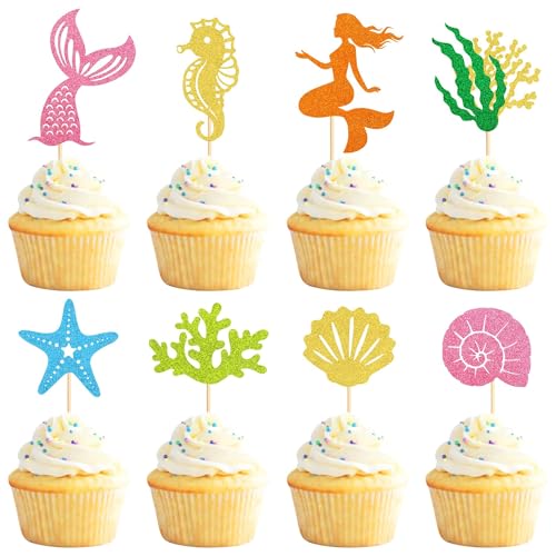 UXYOKM 24Pcs Mermaid Cupcake Toppers Glitter Starfish Coral Seahorse Shell Sea Snail Seaweed Mermaid Tail Cupcake Picks Under the Sea Theme Baby Shower Birthday Party Cake Decorations Supplies