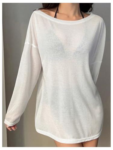 Women's Off Shoulder Swimsuit Coverup See Through Long Sleeve Bathing Suit Cover Up Beachwear2