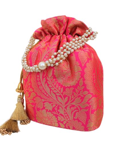 Image of MILAN'S CREATION Banarasi Silk Brocade Potli Bag Purse With Base Drawstring Women's handbag with Pearl Handle & Tassel Weddings