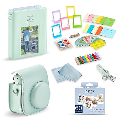 BluebirdSales FujiFilm Accesories Pack, Includes Photo Album, Camera Case, Camera Strap, 60 Exposures Film Value Pack & Cleaning Cloth - Mint Green (Camera Not Included)
