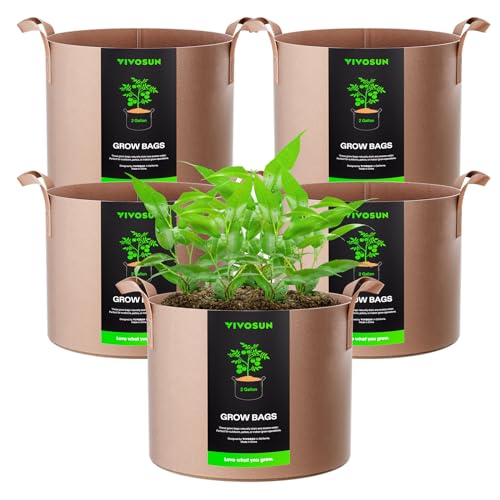 Image of VIVOSUN 5-Pack 2 Gallons Grow Bags Heavy Duty Thickened Nonwoven Fabric Pots with Strap Handles Tan
