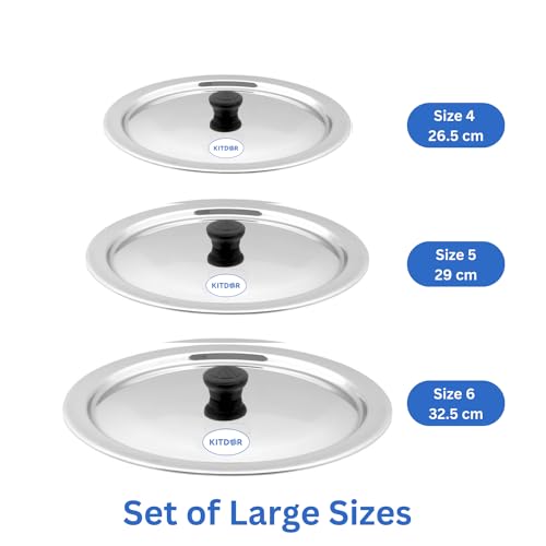 Image of Glossy Steel Lids for Utensils with Knobs | Melt-Free with a Good Gripsteel Lid for Kadai and Other Utensils | Round, Rust Resistant Steel (3 Pcs Set, Large)