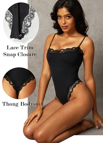 Image of Navneet Women Sexy Lace Bodysuit Lace Trim High Cut Thong Spaghetti Strap Cami Bodysuit Going Out Tank Tops Body Suit