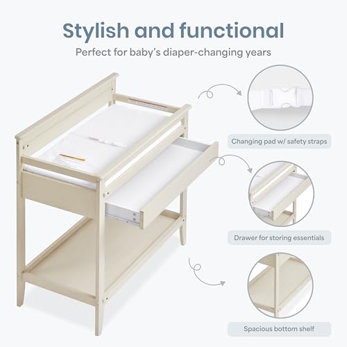 Image of Sweetpea Baby Bayfield Changing Table in Glazed Brush White, BSA & Greenguard Gold Certified, Made of Sustainable New Zealand Pinewood, Easy to Assemble, Non-Toxic Finish