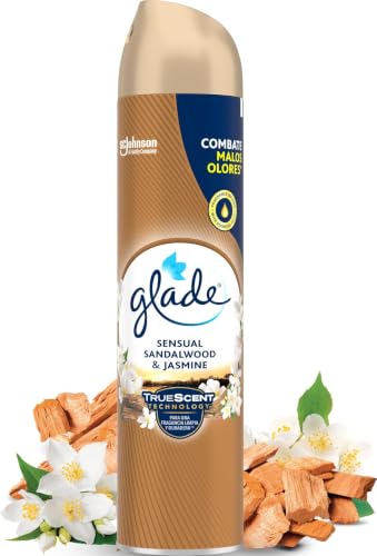 Glade Ambientador Aerosol Sensual Sandalwood & Jasmine, Combate Malos Olores, con Aceites Esenciales, 1 Aerosol