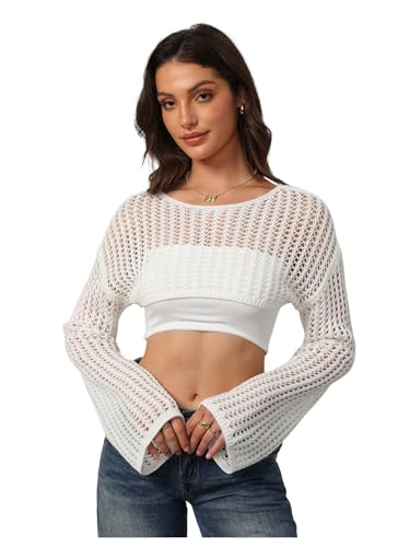 Verdusa Women's Hollow Out Knit Drop Shoulder Crop Sweater