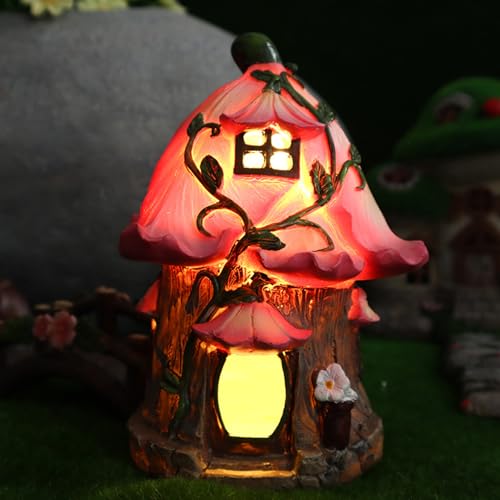 Image of Fabixoin Solar Powered Fairy Houses, Garden Ornaments Outdoors, Fairy Mushrooms House With Solar-Powered Lights, Waterproof Resin Ornaments, Garden Decorations, Indoor Outdoor