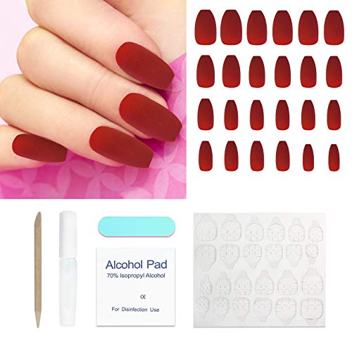 Matte False Nails Artificial Fake French Nail Tips Kit Full Cover with Files Stick 2 Mail Tapes for Nail Art (red)